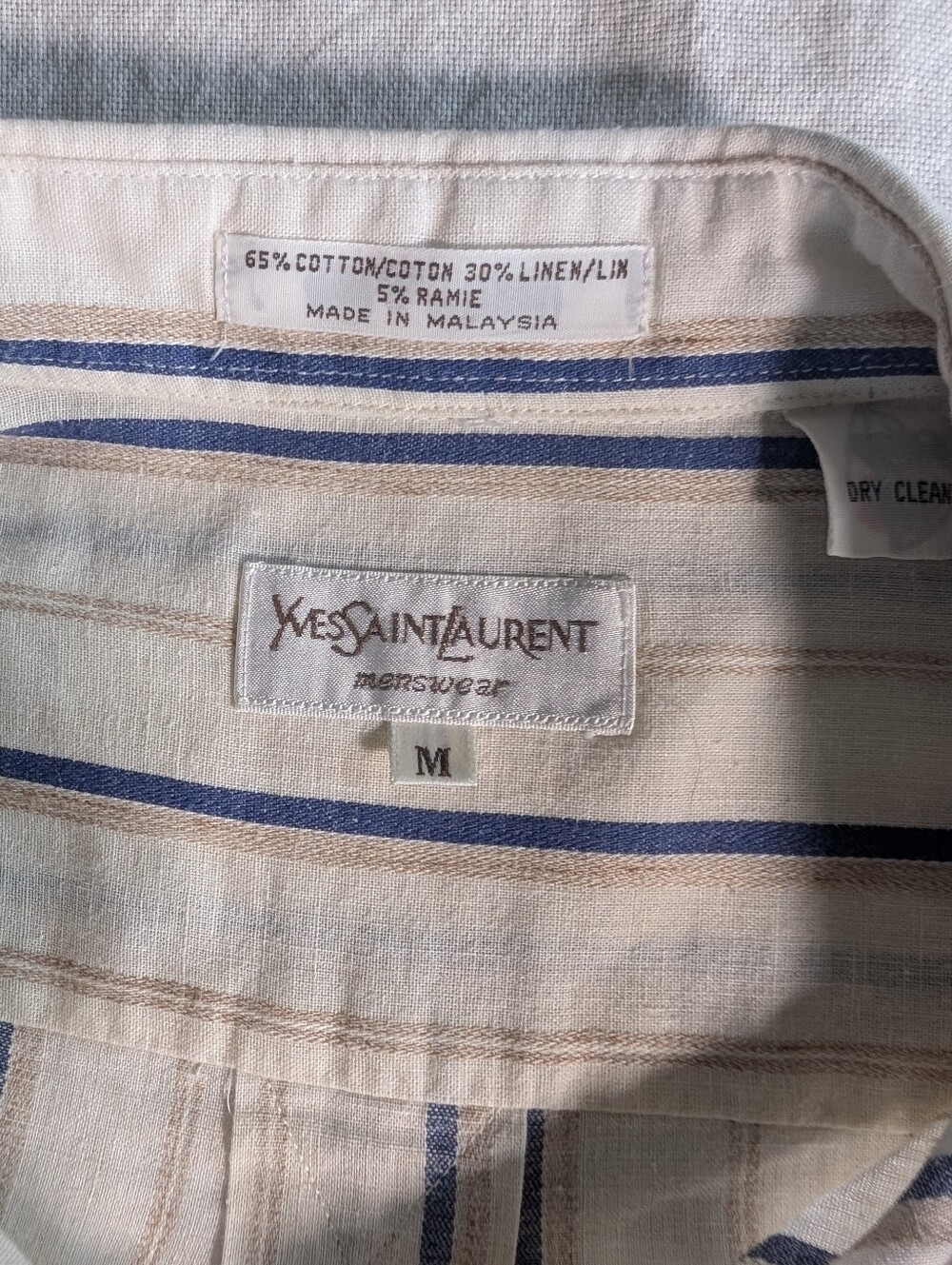 Vintage YSL Yves Saint Laurent Linen Cream Shirt with Blue & Tan Stripes - Picture 3 of 10